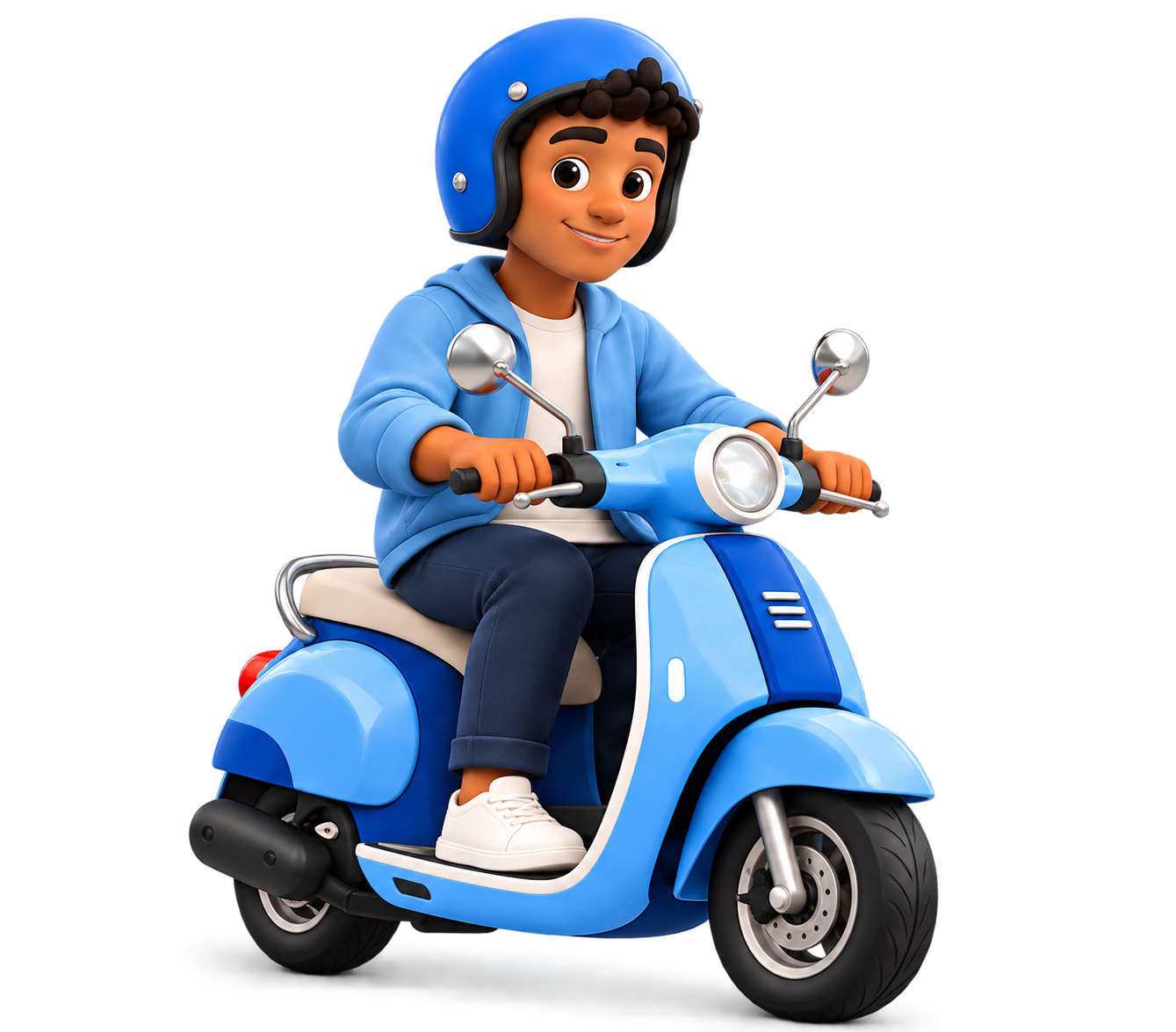 Personagem do Programa Rode Bem em uma moto azul